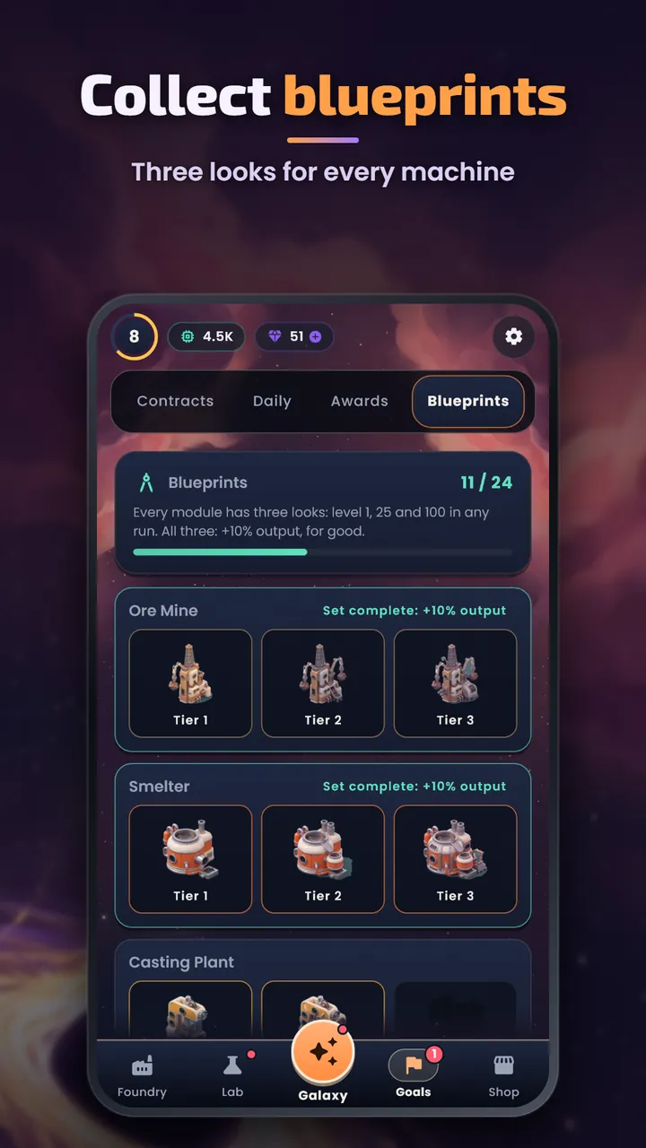The Blueprints tab with three tiers of looks for the Ore Mine, Smelter and Casting Plant