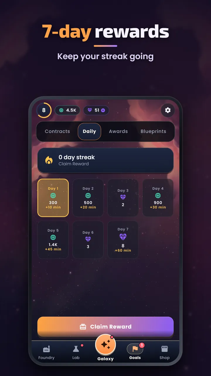 The 7-day reward calendar with a Claim Reward button