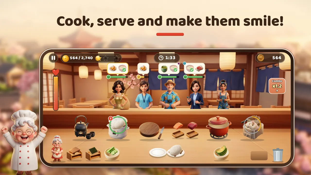 A Japanese-style restaurant counter where five customers wait with order bubbles while Grandma Rosa cheers