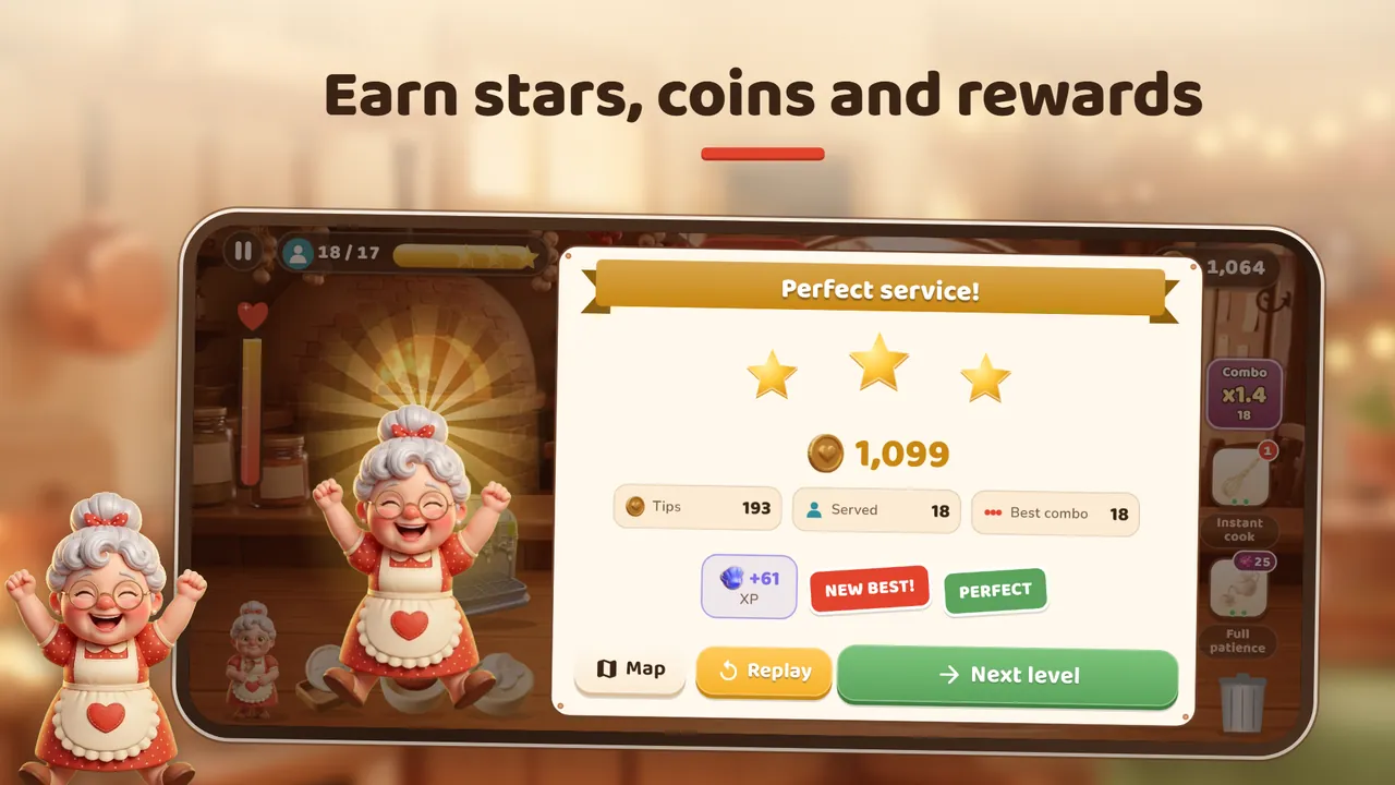 Perfect service results screen with three stars and 1,099 coins earned