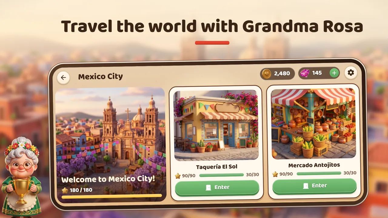 Mexico City screen with two restaurants, Taqueria El Sol and Mercado Antojitos