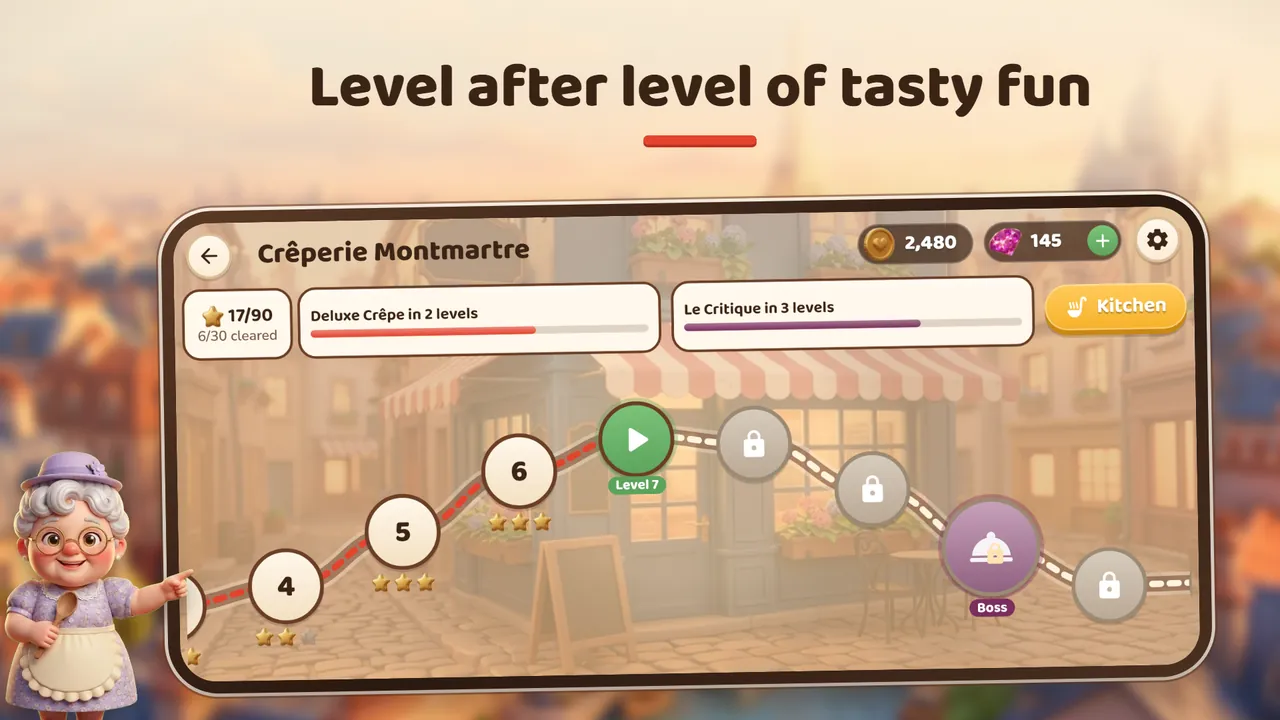 Level path for Creperie Montmartre with levels 4 to 7 and locked levels ahead