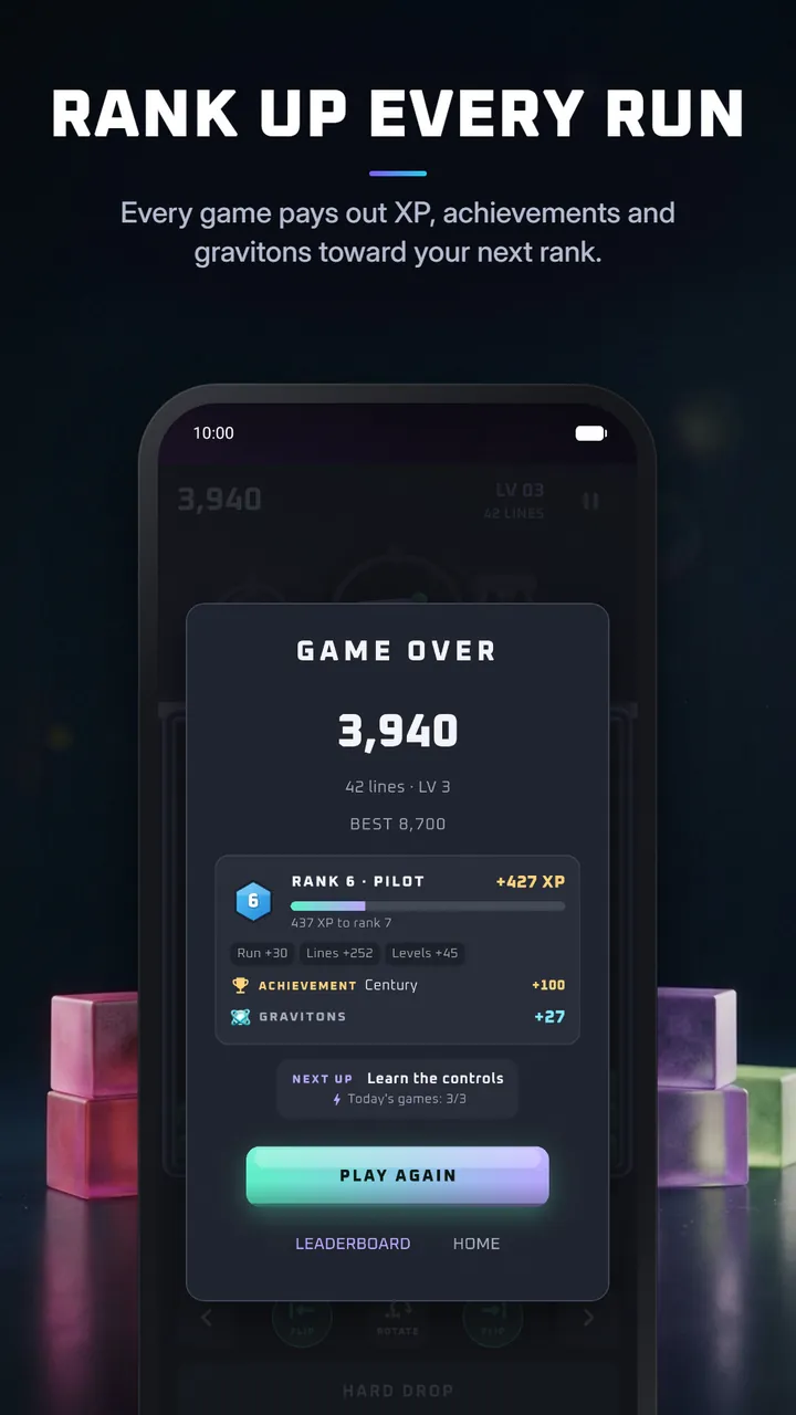 Game-over-Bildschirm mit 3.940 Punkten, Rangfortschritt, einem Erfolg und verdienten Gravitons