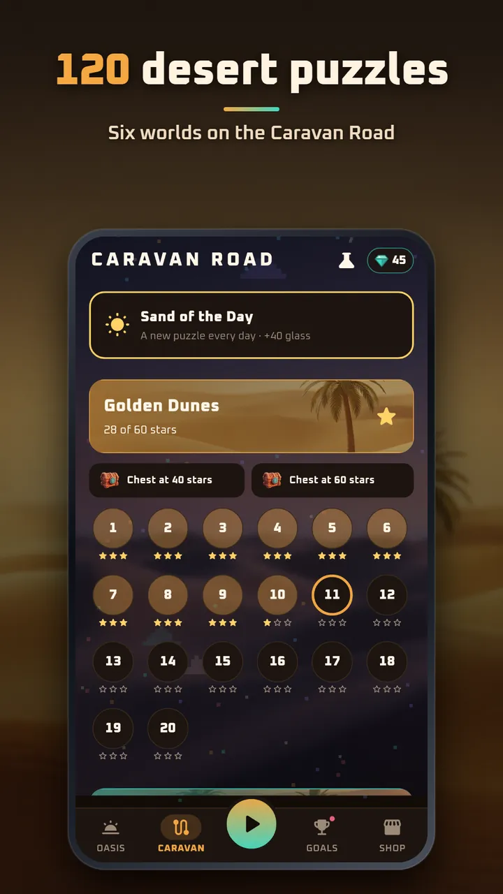 The Caravan Road map for Golden Dunes with puzzles 1 to 20, their stars and two star chests