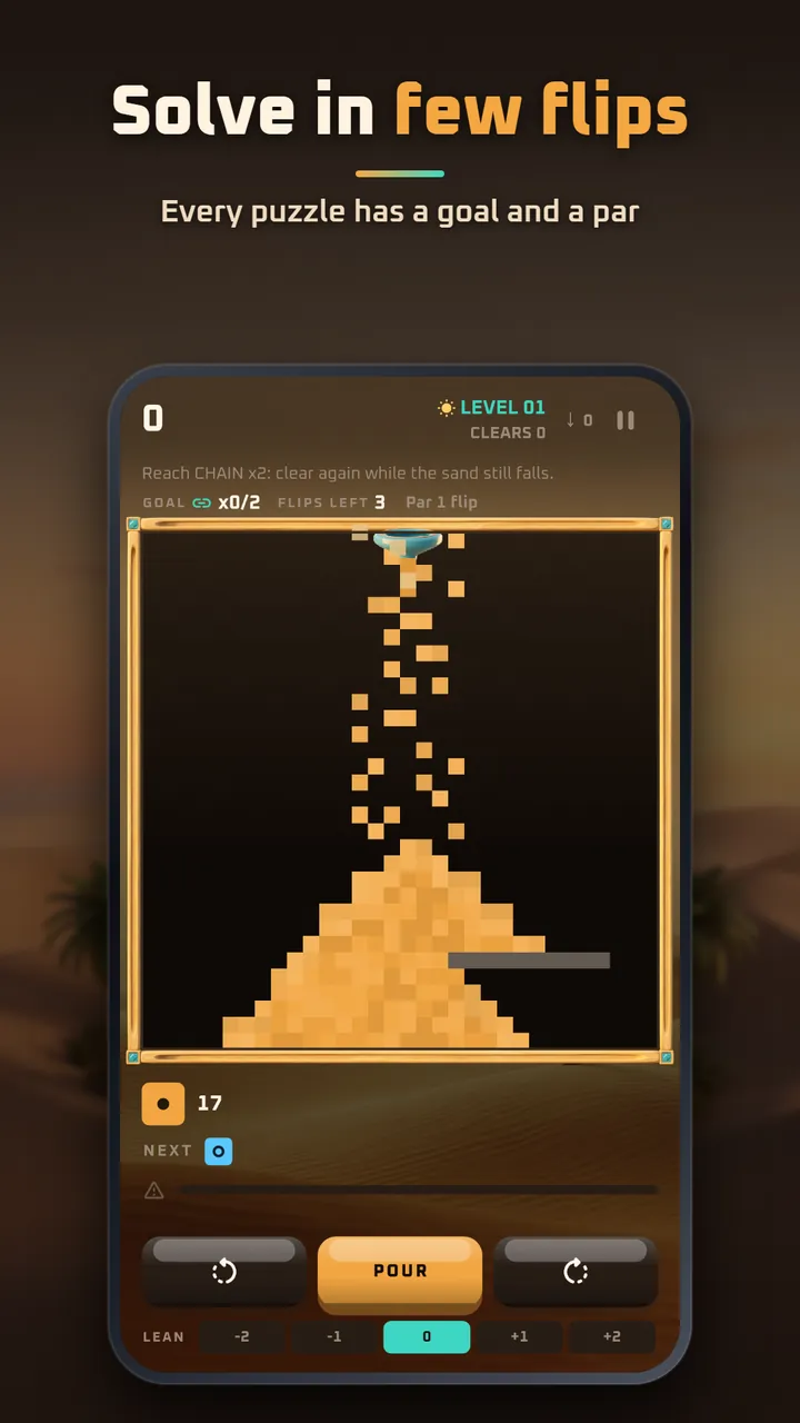 A puzzle with a chain goal, a par of one flip and orange sand pouring onto a heap