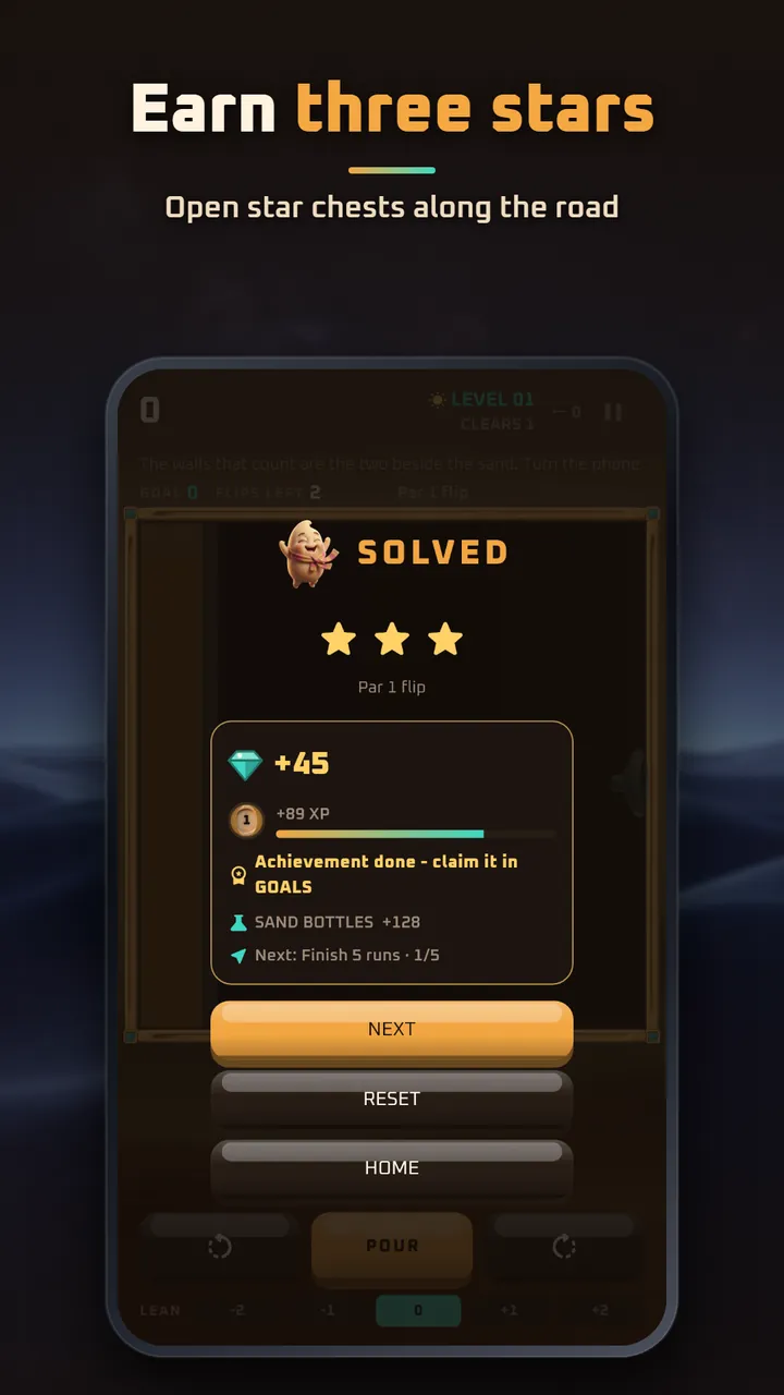 The Solved screen with three stars, glass earned, XP and an achievement to claim