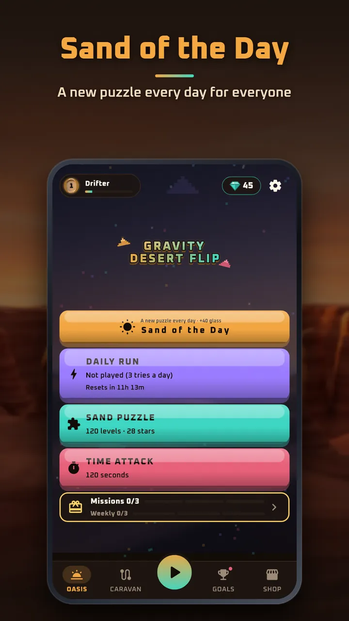 The Oasis home screen with Sand of the Day, Daily Run, Sand Puzzle and Time Attack
