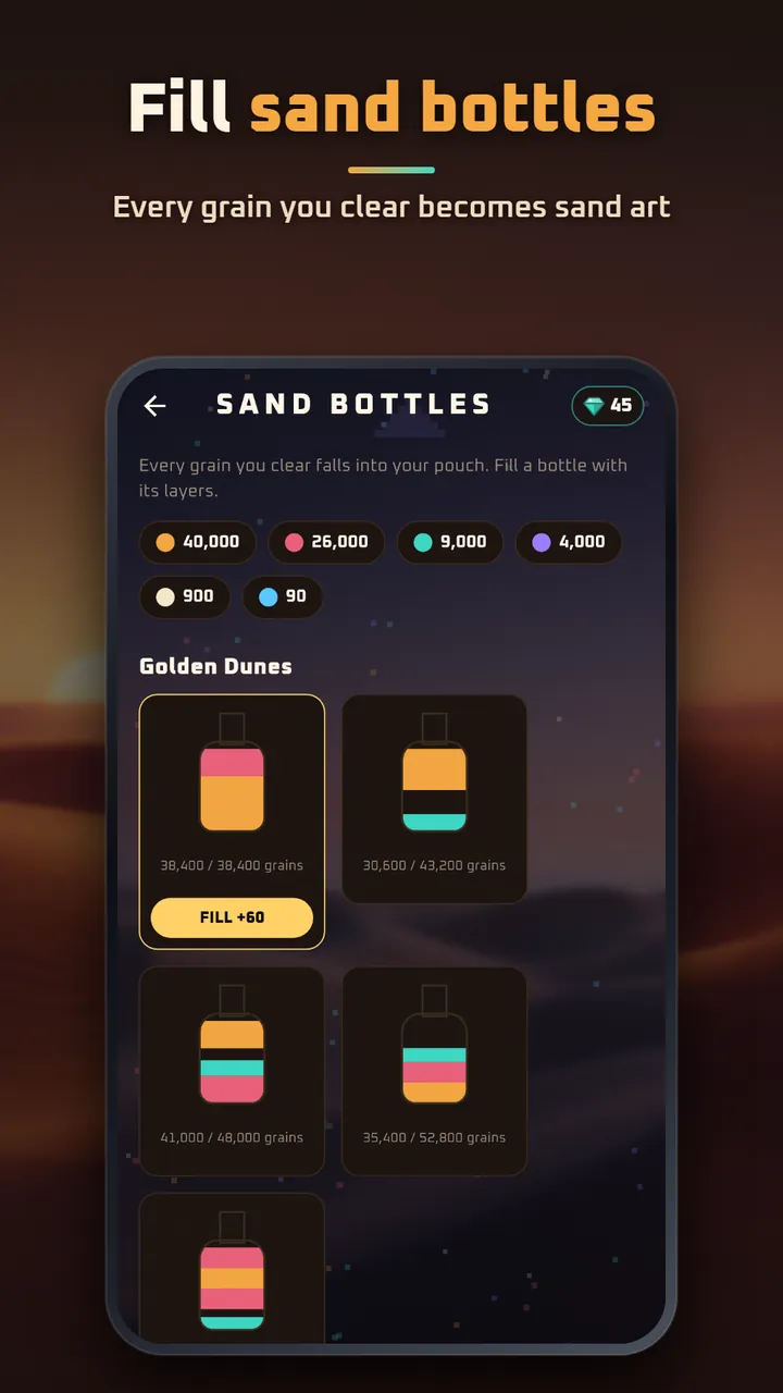 The Sand Bottles screen with layered bottles to fill from the sand you have cleared