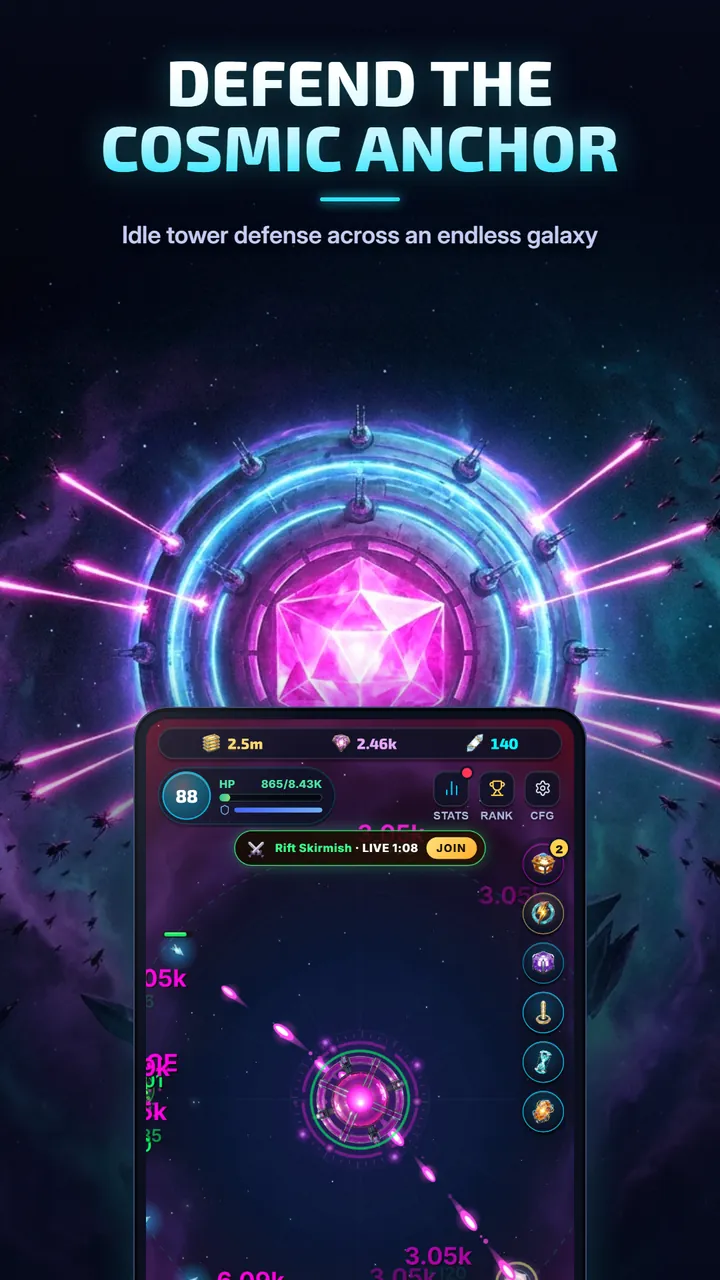A glowing crystal Cosmic Anchor surrounded by a defense ring firing lasers, with the battle screen of Idle Defense below