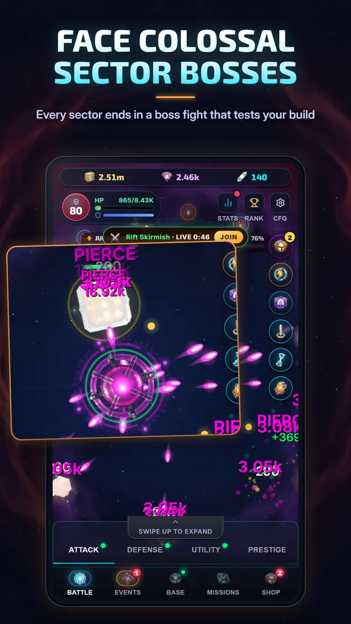 A sector boss fight: a large enemy hit by pierce damage numbers while the station fires