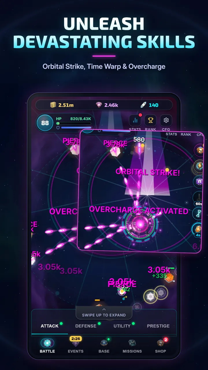 The Orbital Strike and Overcharge skills activating over the battle field