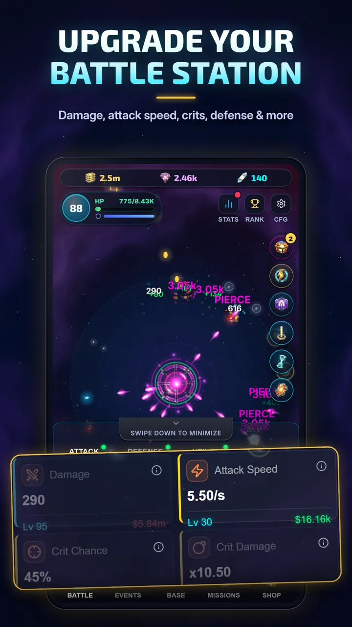 Upgrade panel showing Damage, Attack Speed, Crit Chance and Crit Damage values