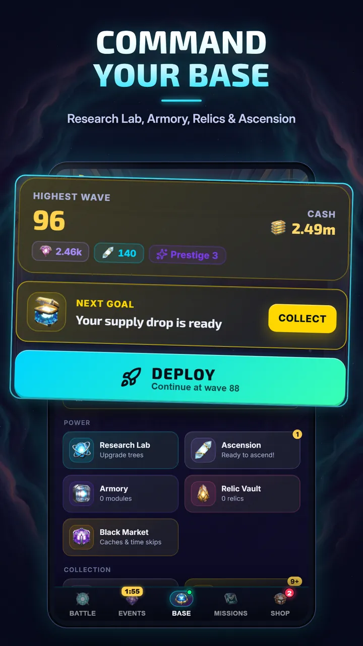 Base screen with highest wave 96, a supply drop ready to collect and links to Research Lab, Armory, Relic Vault and Ascension