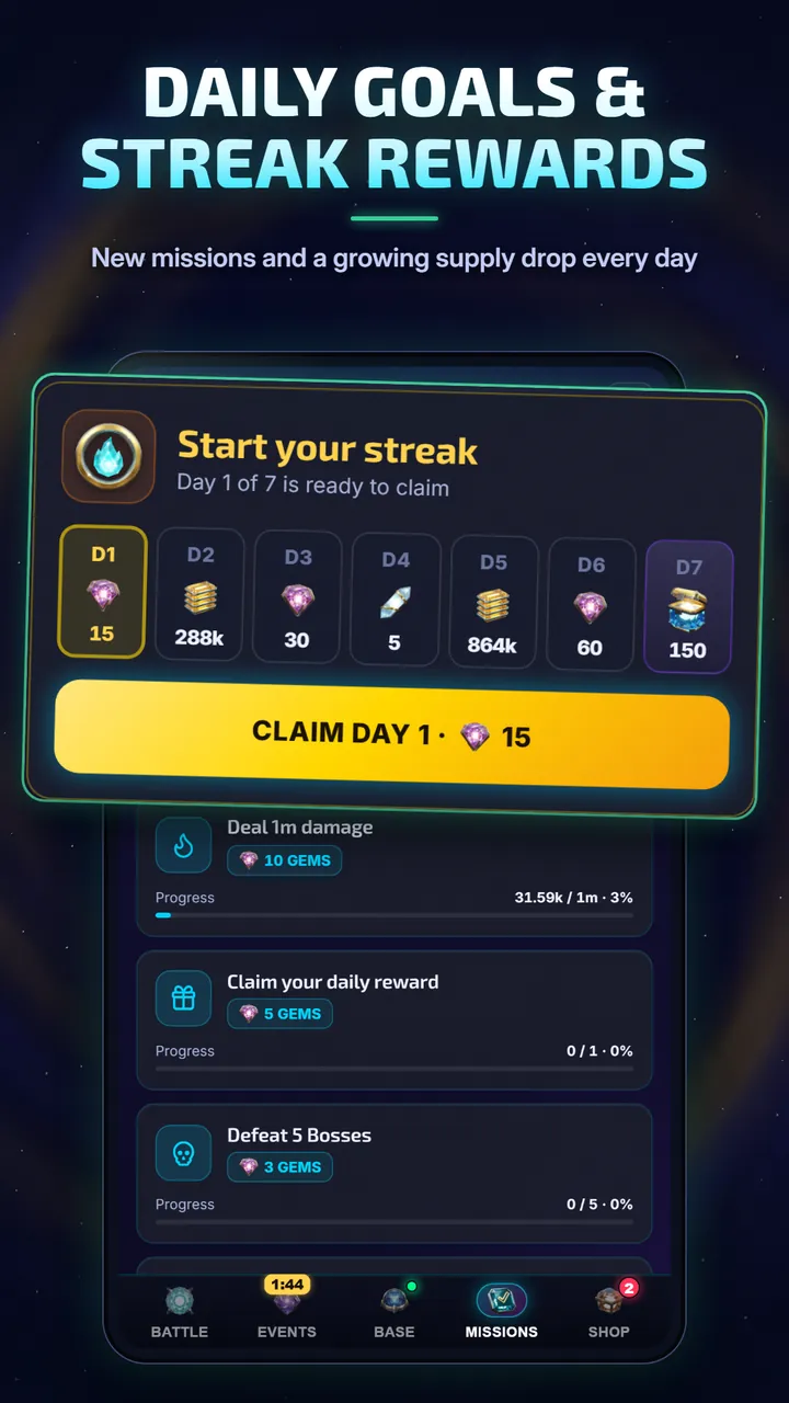 Seven-day streak reward calendar above a list of daily missions