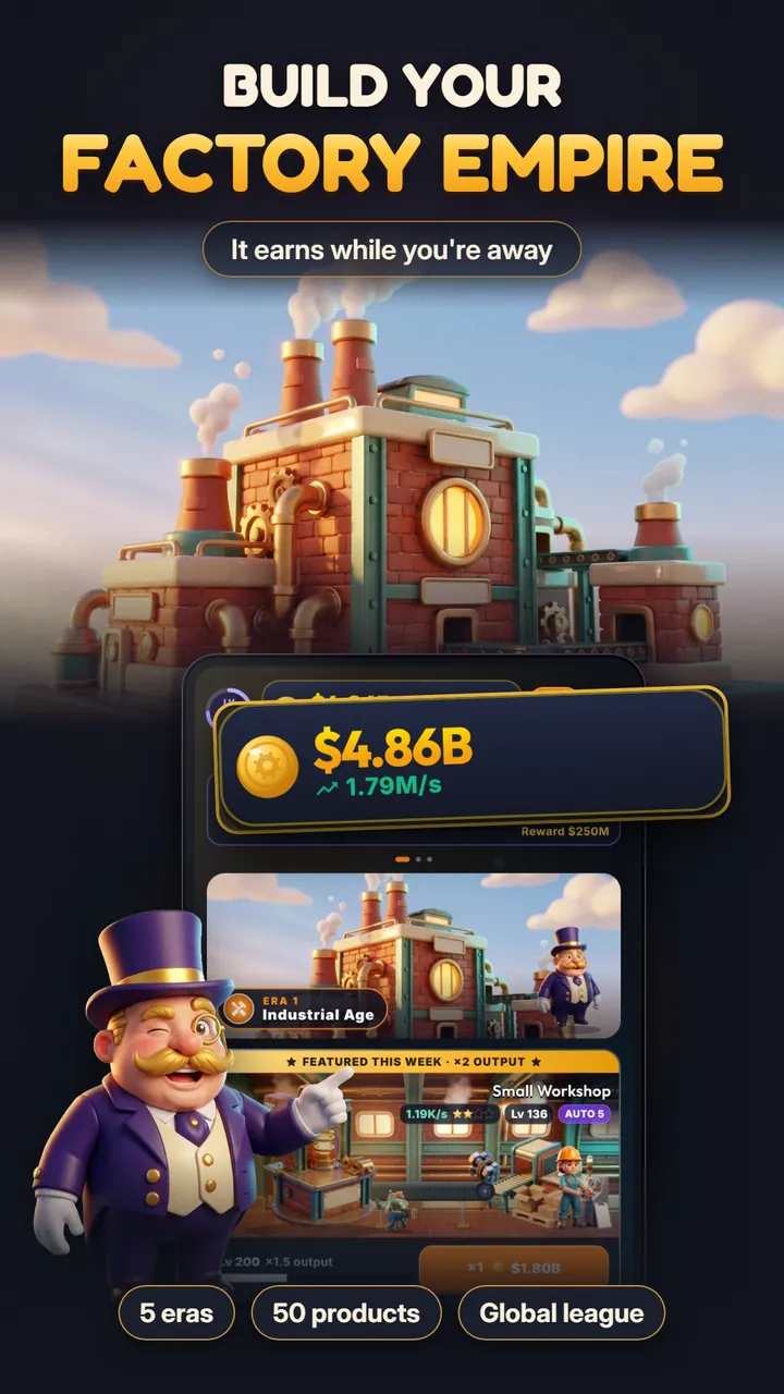 Idle Factory Tycoon title screen: a brick factory with a tycoon mascot, a coin balance of $4.86B and tags for 5 eras, 50 products and a global league