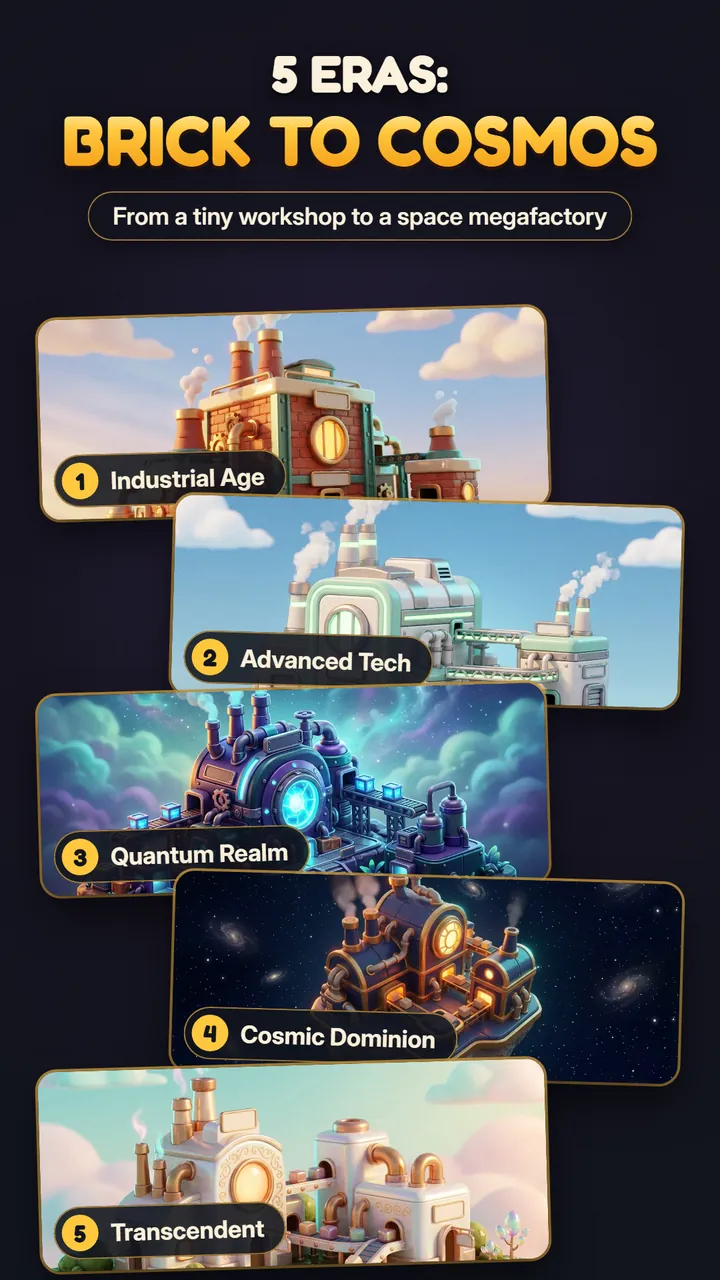 The five eras shown as cards: Industrial Age, Advanced Tech, Quantum Realm, Cosmic Dominion and Transcendent