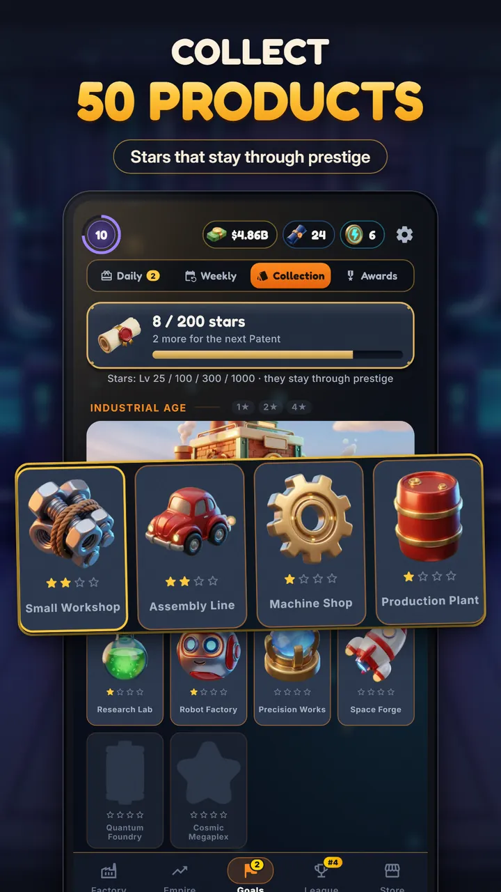 Product Collection screen showing star ratings for products like Small Workshop, Assembly Line and Machine Shop