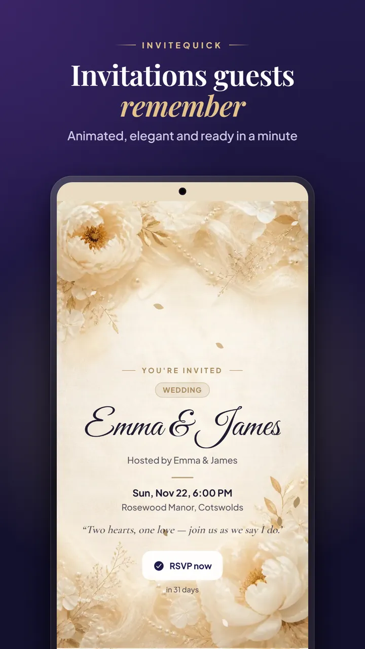 An animated wedding invitation for Emma and James with cream peonies, the date, the venue and an RSVP now button