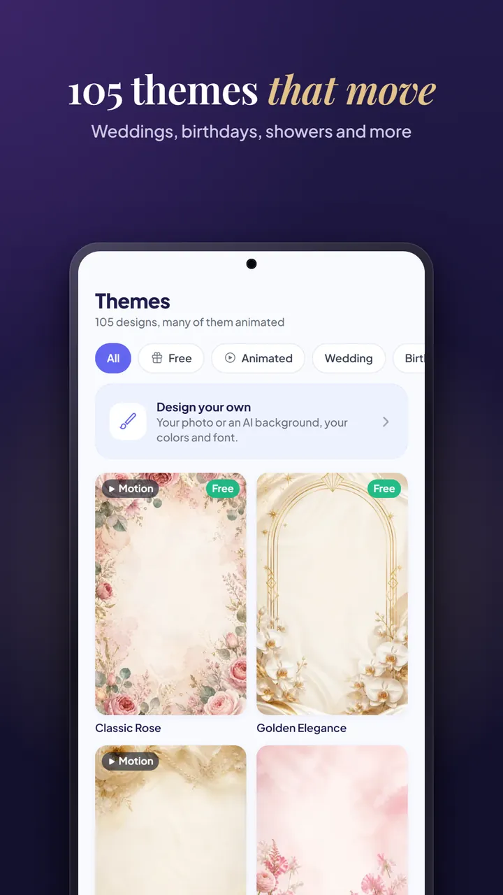 The Themes gallery with filters for Free, Animated and Wedding and a Design your own option