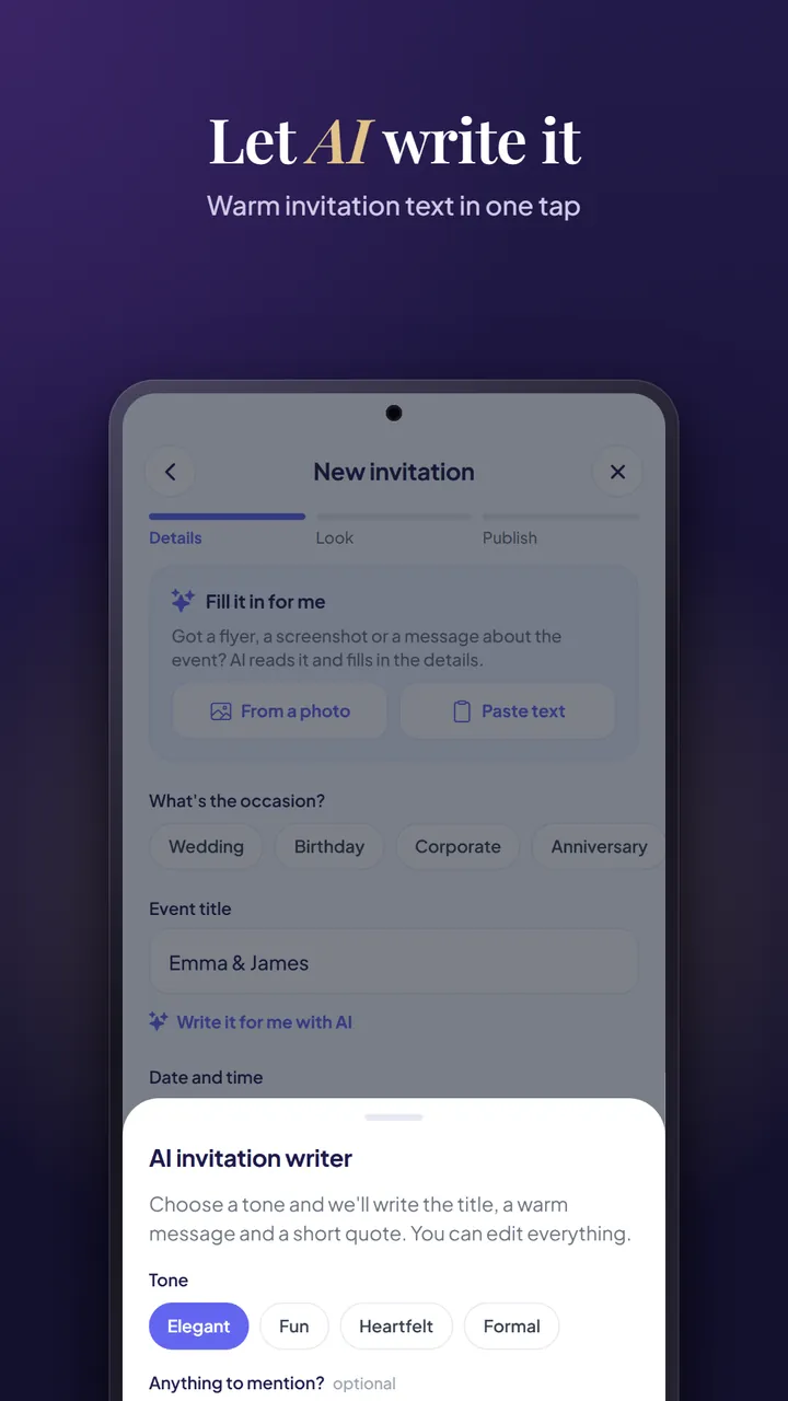 The New invitation wizard with Fill it in for me and the AI invitation writer offering Elegant, Fun, Heartfelt and Formal tones