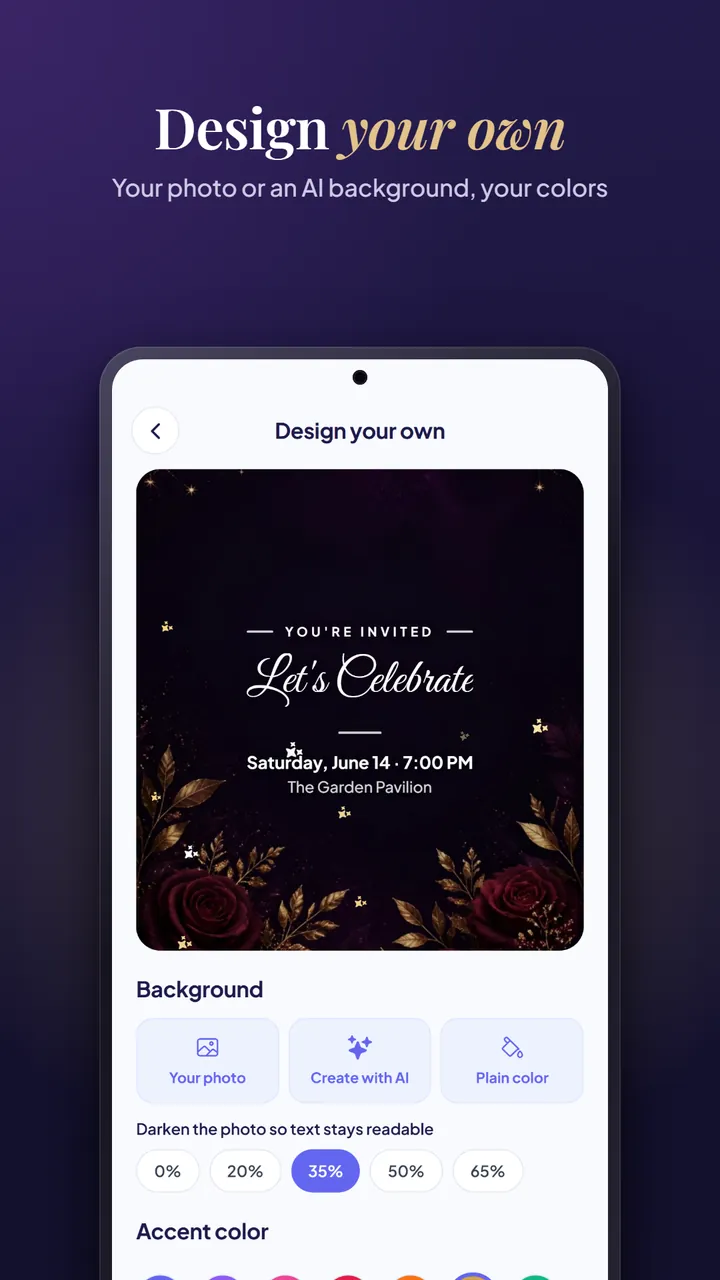 The Design your own screen with a dark floral Let's Celebrate invitation and background options: your photo, create with AI or plain colour