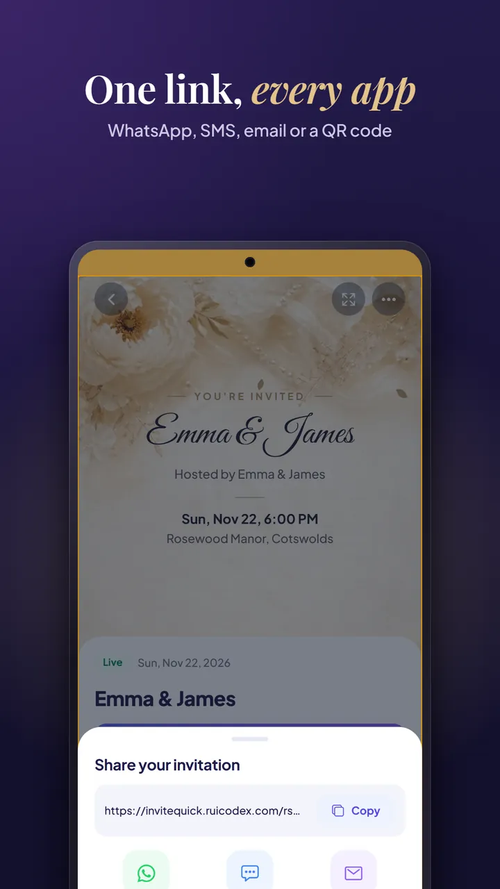 The Share your invitation sheet with the event link, a copy button and WhatsApp, SMS and email shortcuts
