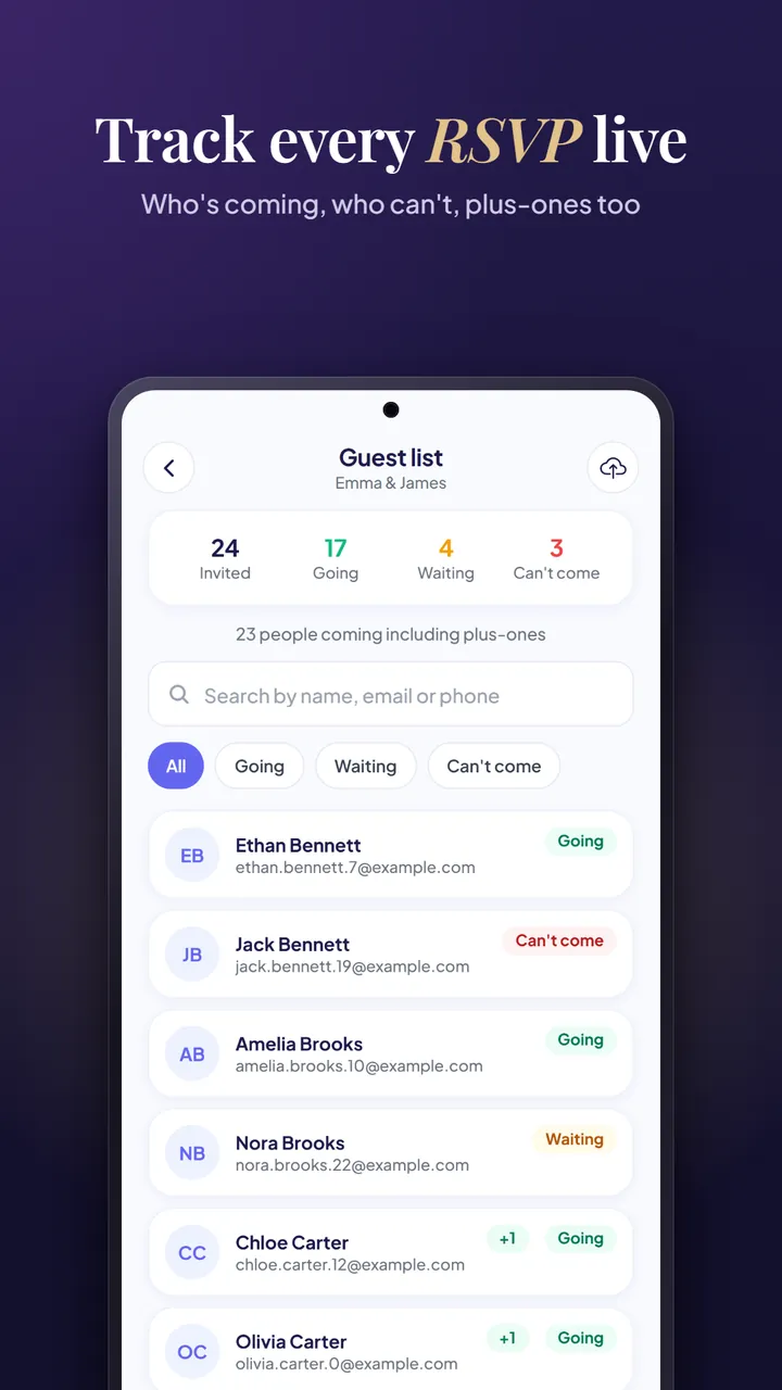 The guest list with invited, going, waiting and can't come counts, search, filters and each guest's reply