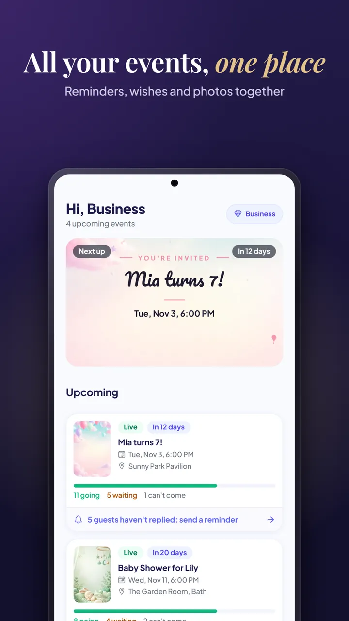 The home screen with upcoming events, RSVP progress for each one and a reminder for guests who have not replied