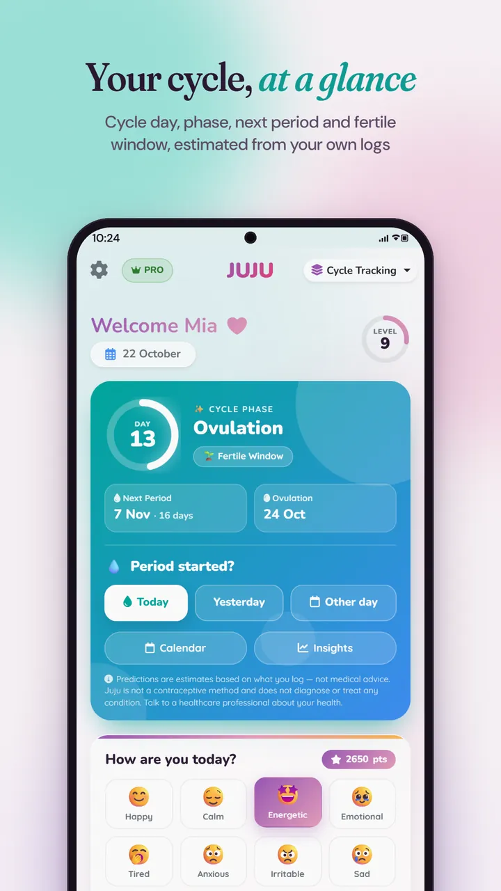 Juju home screen on cycle day 13 in the ovulation phase, with the fertile window, the next period and ovulation dates and a mood check-in