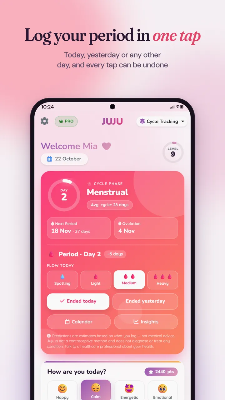 Period day 2 in the menstrual phase, with flow buttons from spotting to heavy and Ended today and Ended yesterday options