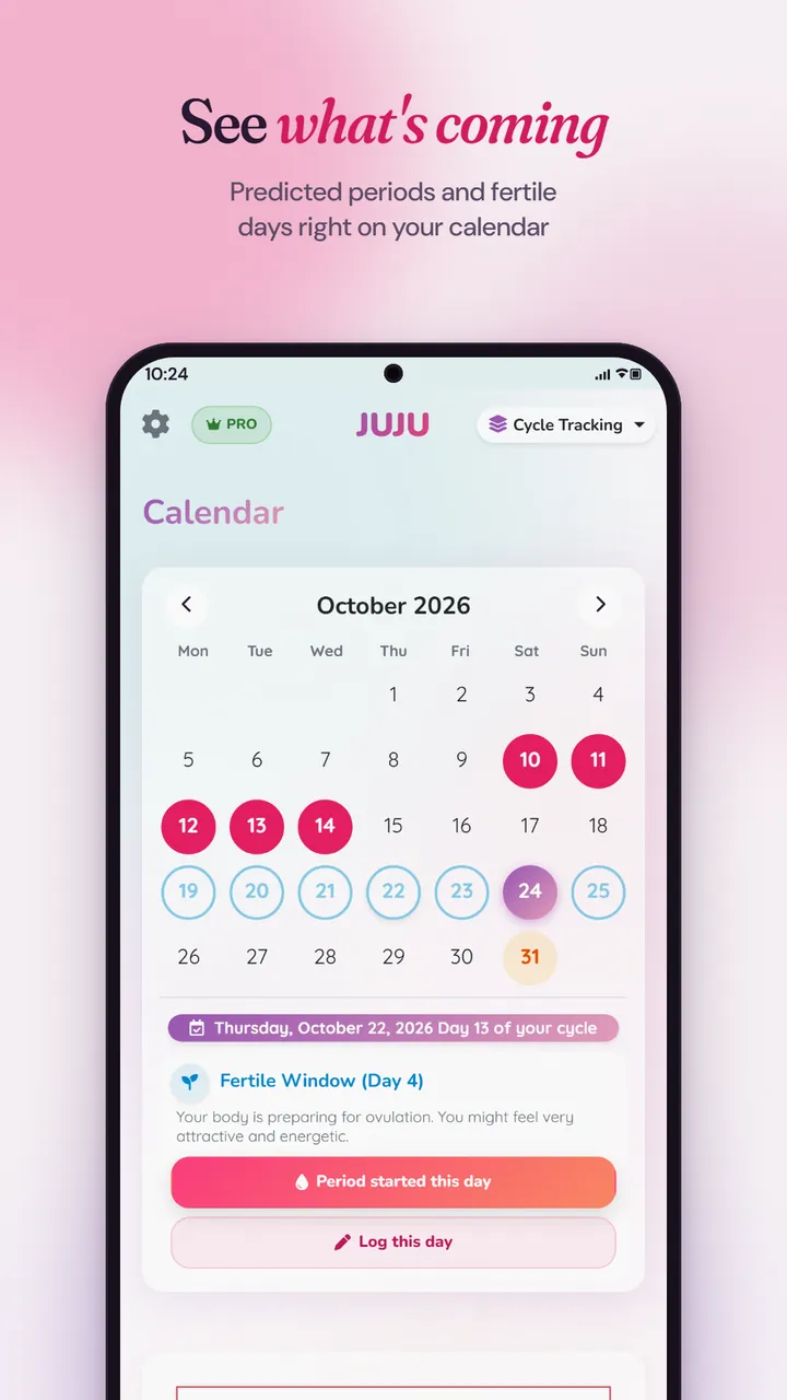 An October 2026 calendar with logged period days, highlighted fertile days and the details for cycle day 13