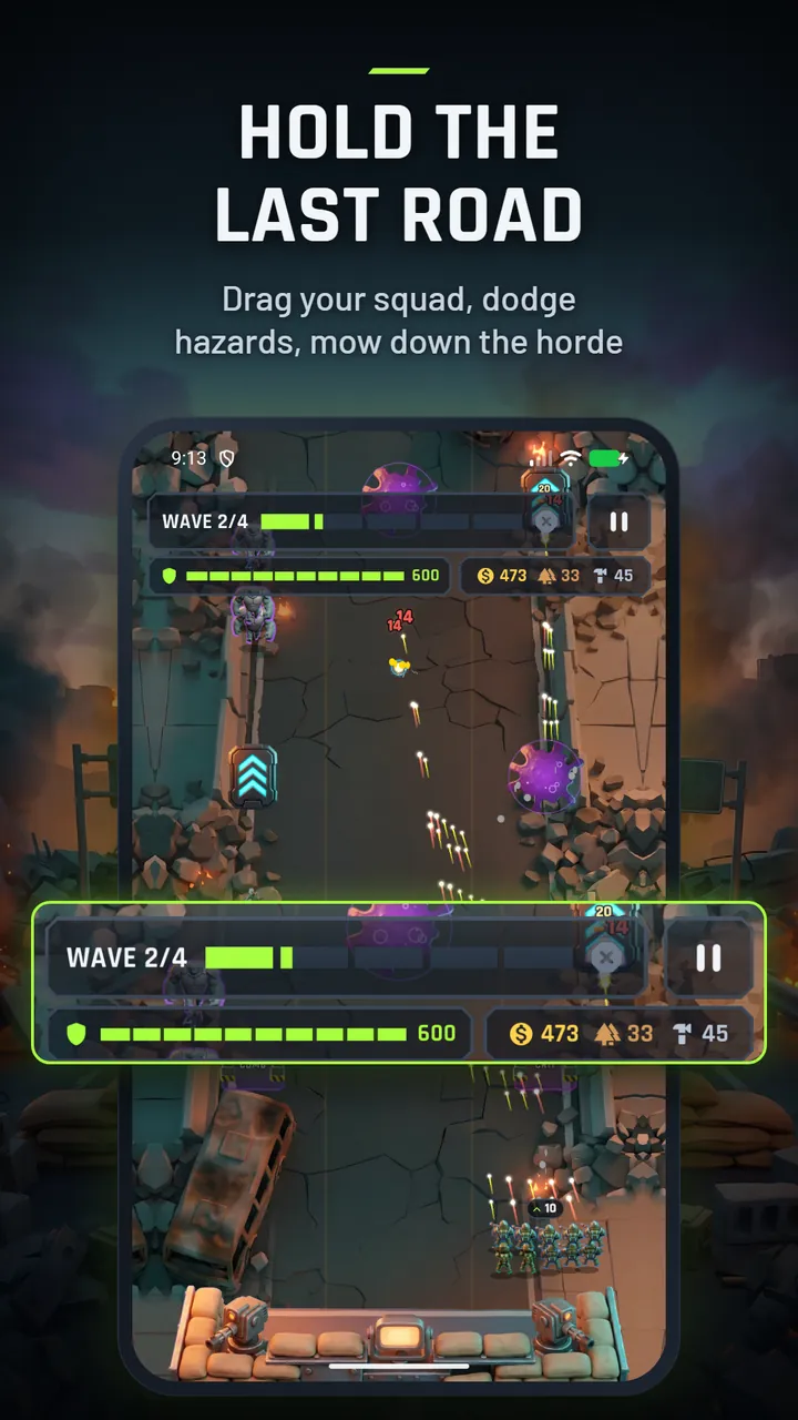 A top-down battle on a cracked road where the soldier squad fires up the lanes at the horde during wave 2 of 4