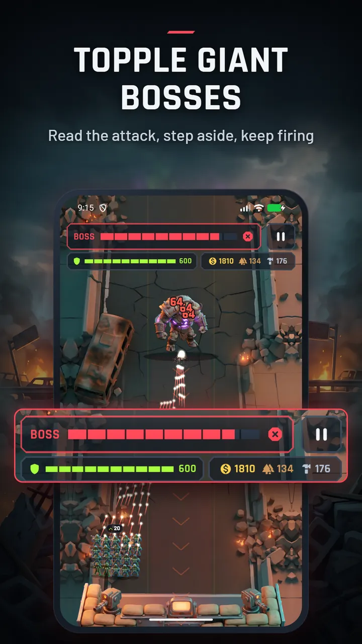 A boss fight against a giant armoured robot, with a red boss health bar and the squad firing upward