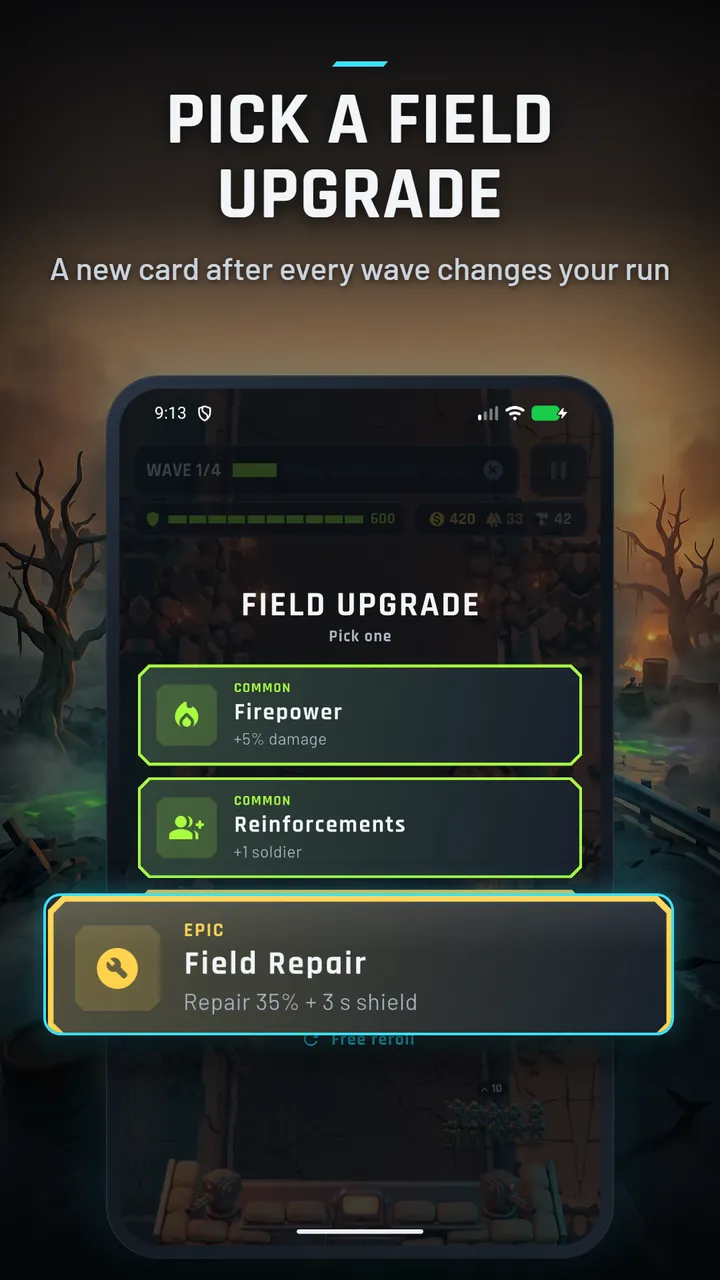 The Field Upgrade picker offering Firepower, Reinforcements and an Epic Field Repair card
