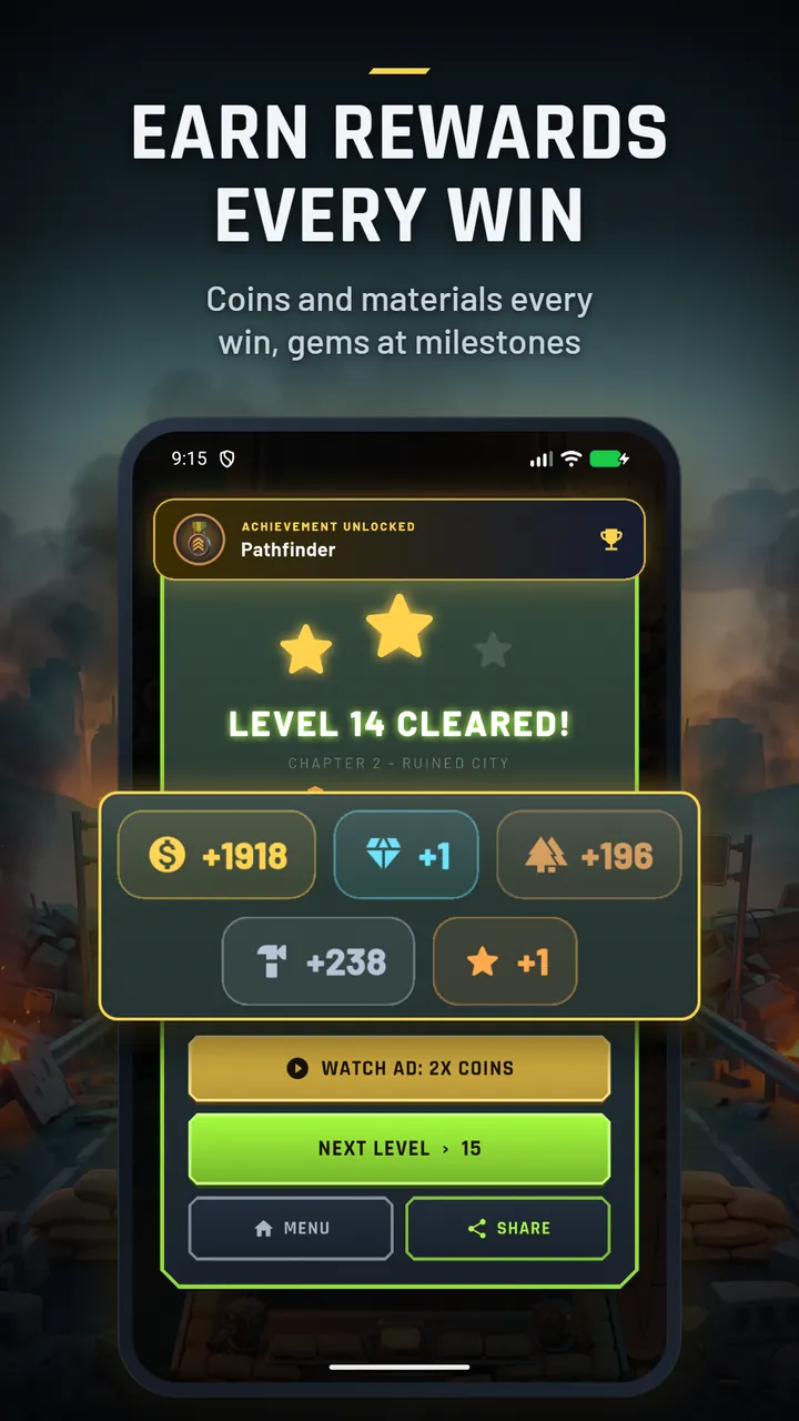 Level 14 cleared in Chapter 2, Ruined City, with stars, coin and material rewards and the Pathfinder achievement