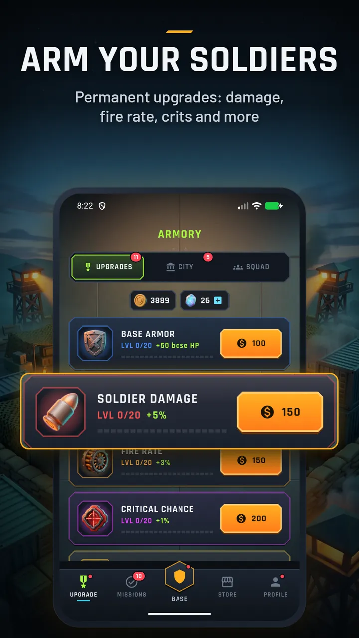 The Armory upgrades tab with Base Armor, Soldier Damage, Fire Rate and Critical Chance