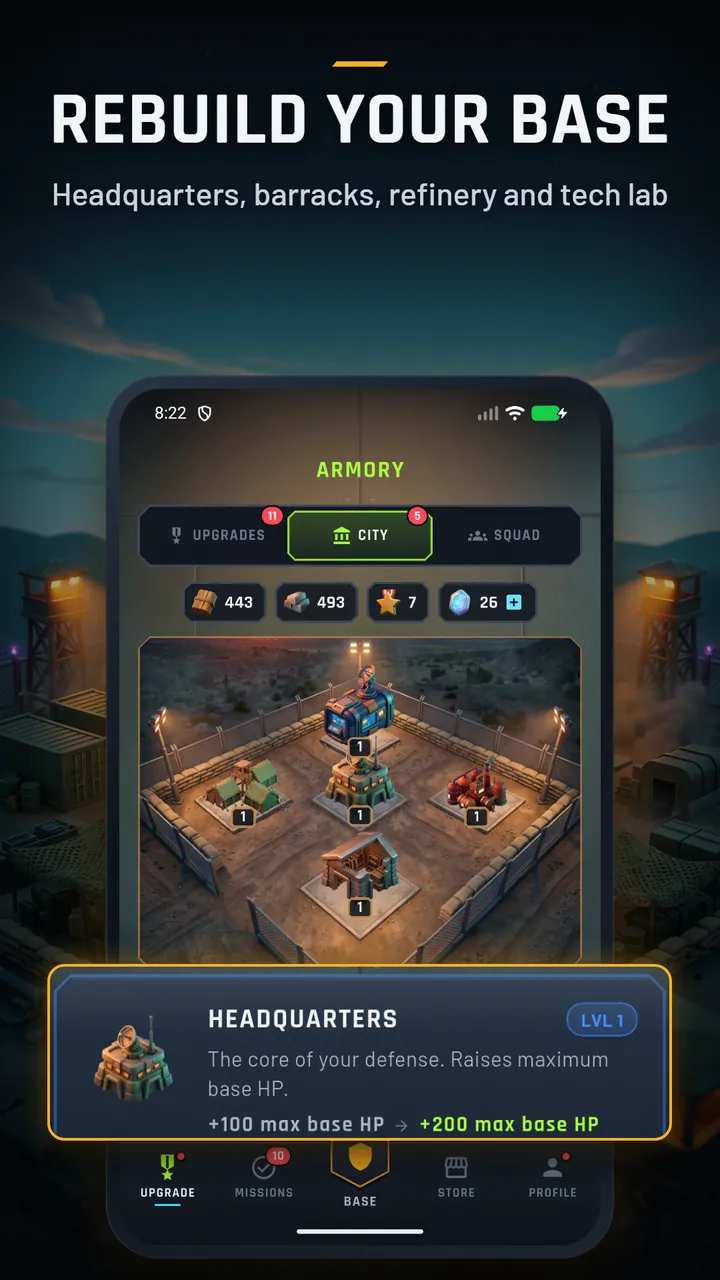 The City tab showing the base buildings from above and the Headquarters upgrade card