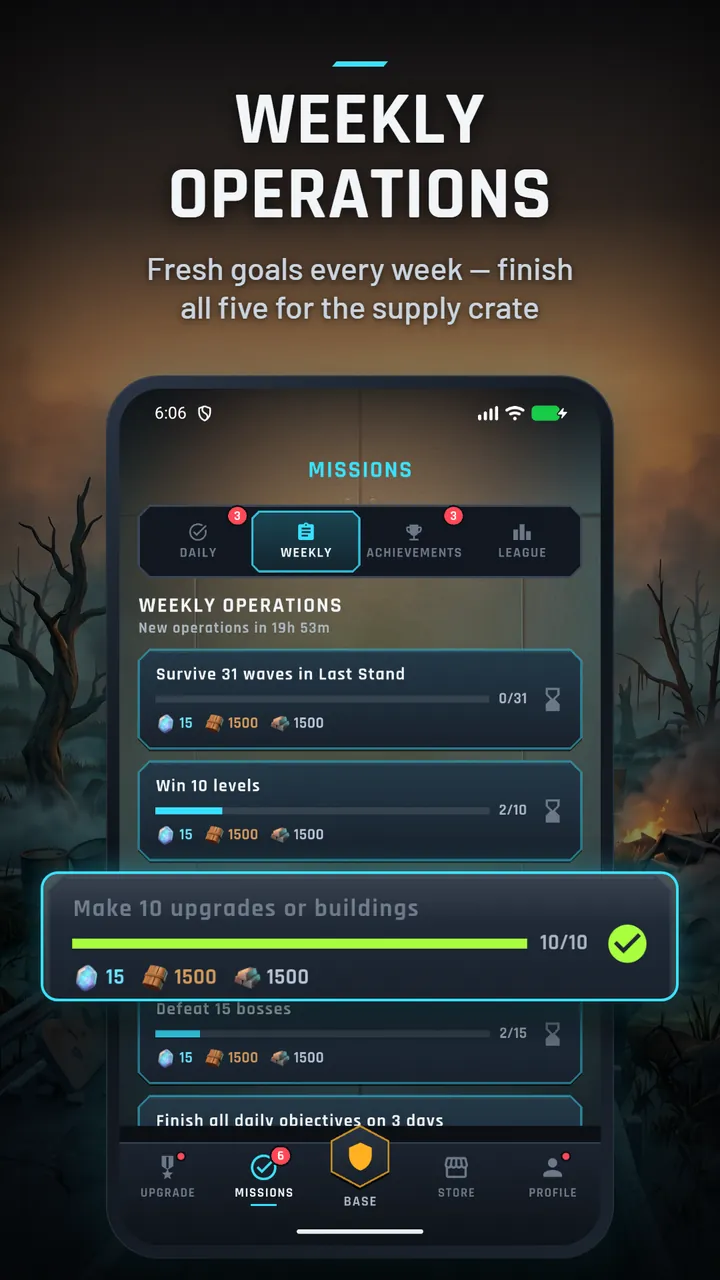 Weekly Operations with goals such as surviving waves in Last Stand, one goal completed