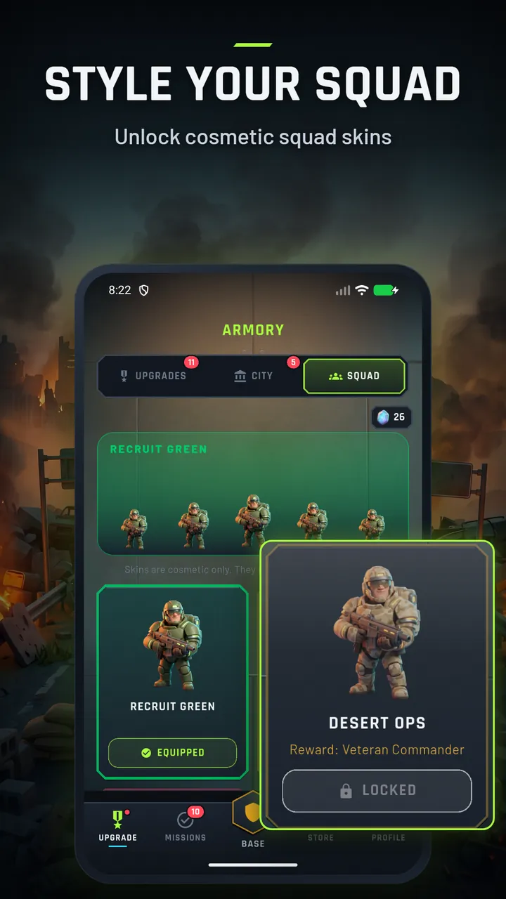 The Squad tab with the Recruit Green skin equipped and the Desert Ops skin still locked