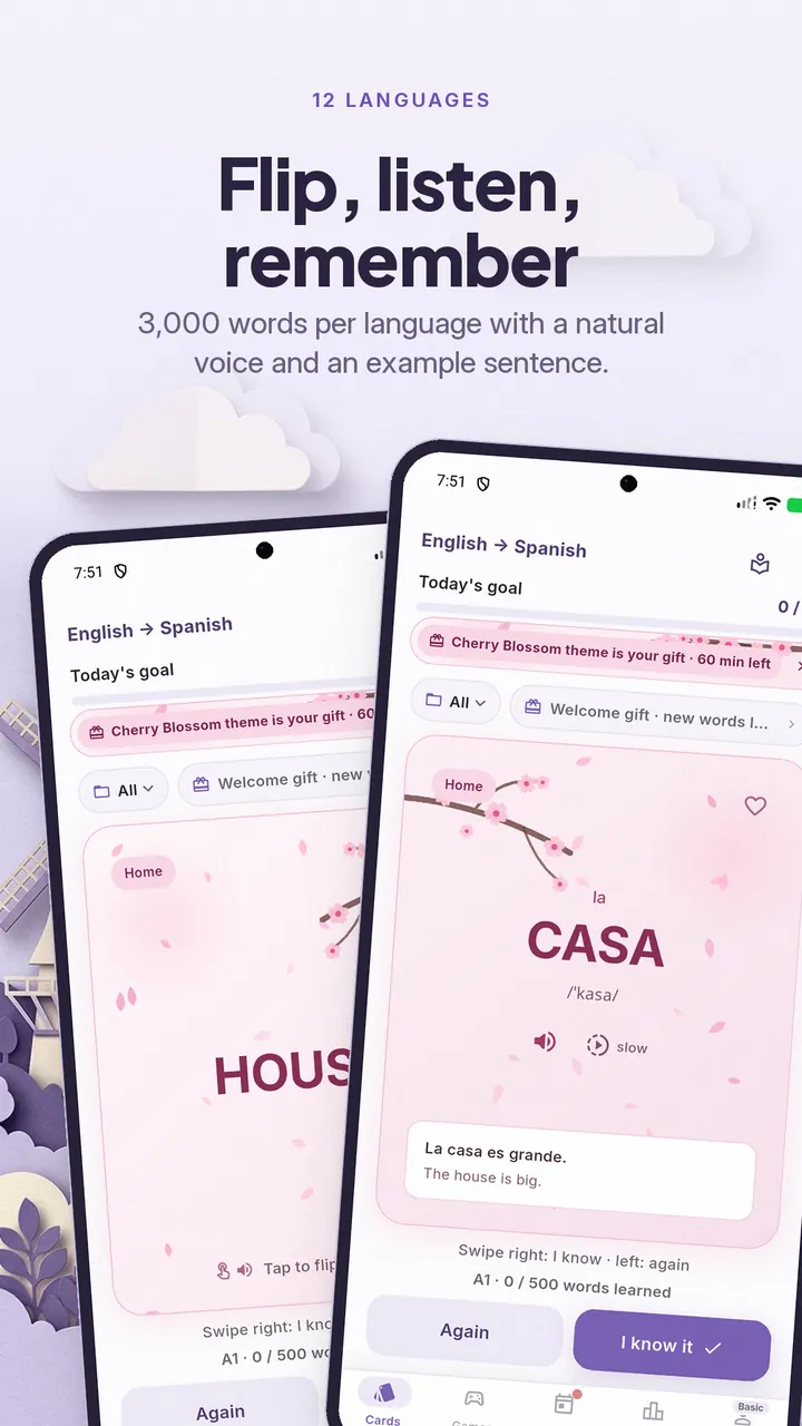 English to Spanish flashcard for la casa with the phonetic spelling, an audio button and the example sentence La casa es grande