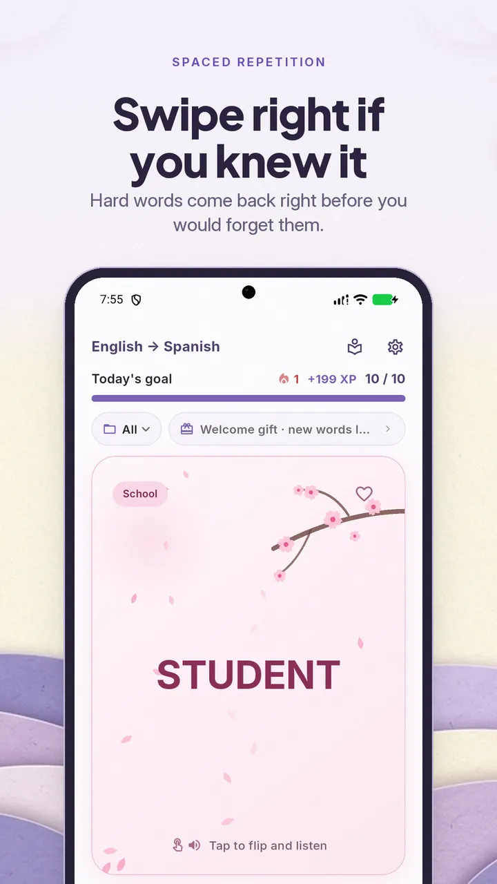 Flashcard for the word student with the hint Tap to flip and listen