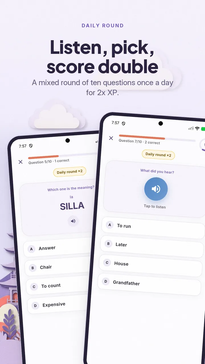 Daily Round quiz questions asking for the meaning of la silla and for a word heard in audio