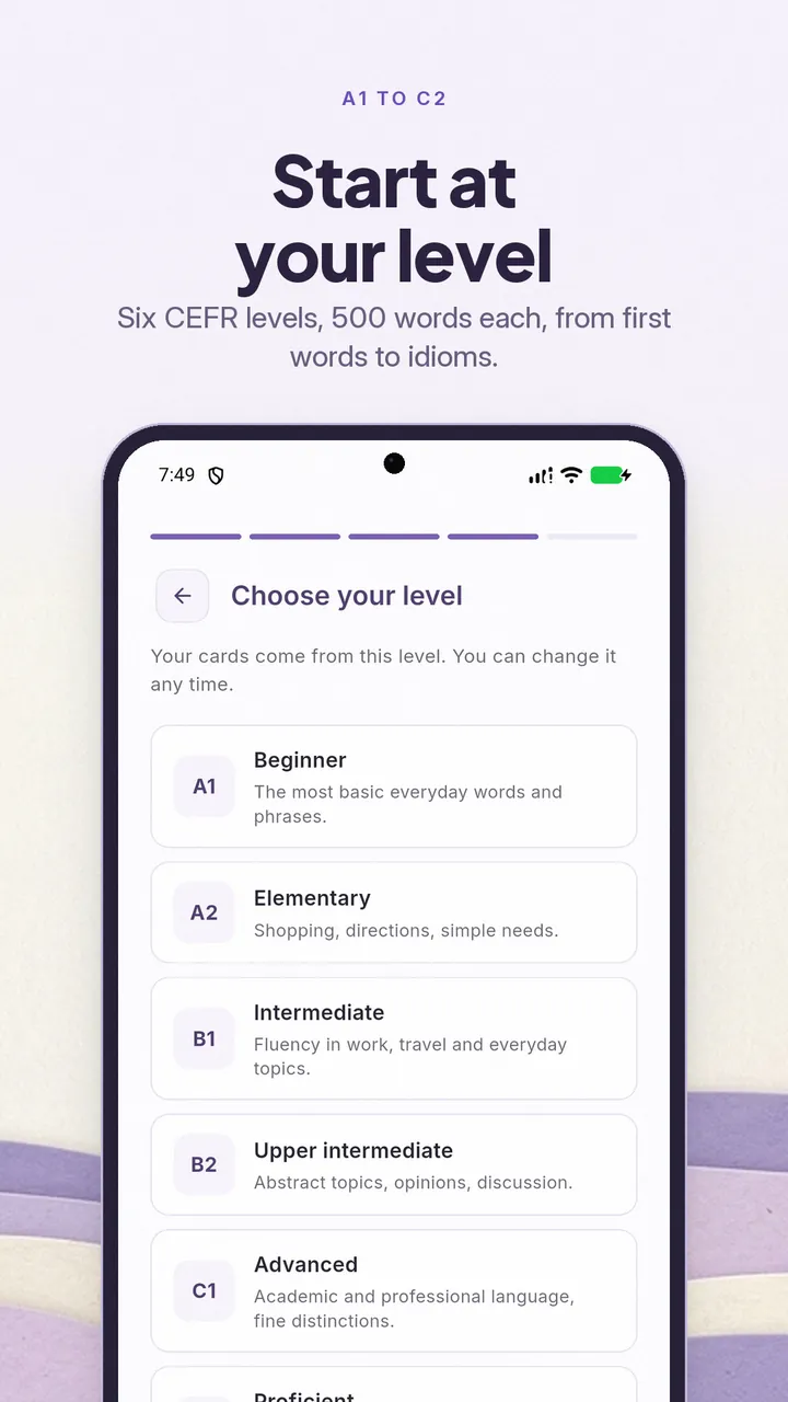 Level picker showing CEFR levels from A1 Beginner to C1 Advanced