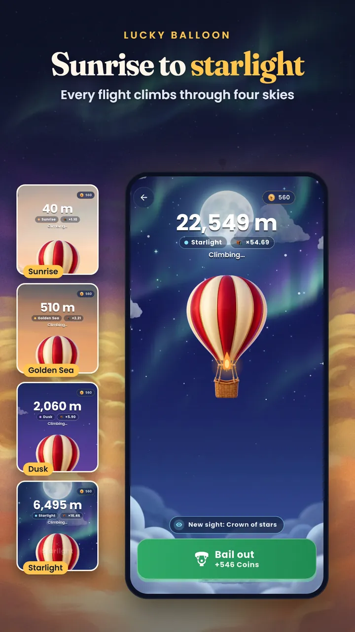 A red and white hot-air balloon at 22,549 metres in the Starlight sky, with cards for the four altitude bands