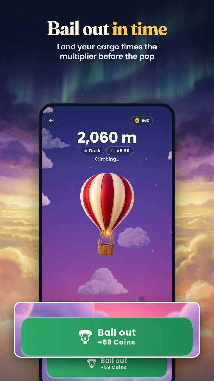 The Bail Out button offering 59 coins as the balloon climbs through the Dusk band