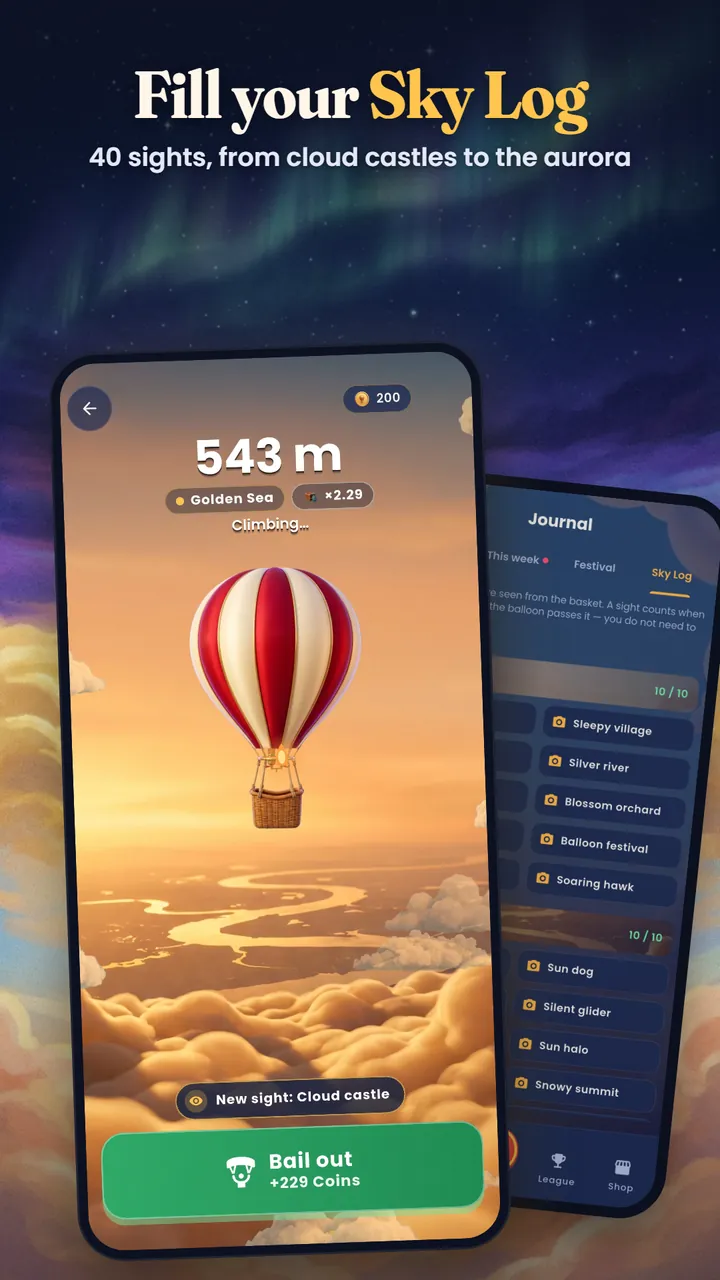 A balloon at 543 metres over a golden sea of clouds next to the Sky Log journal