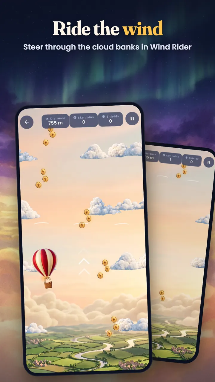 Wind Rider mode with a balloon steering between coins and cloud banks