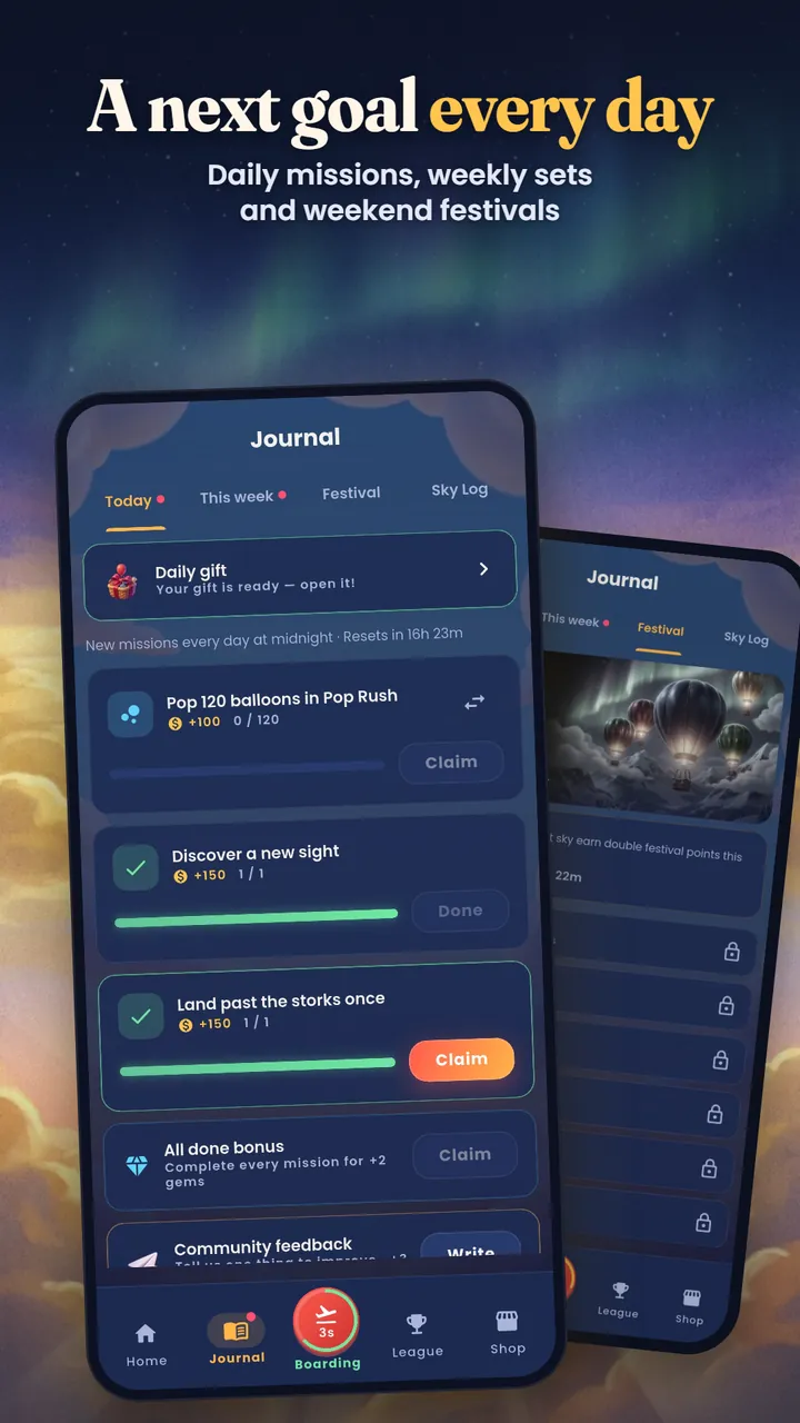 Journal with daily missions such as popping 120 balloons and discovering a new sight