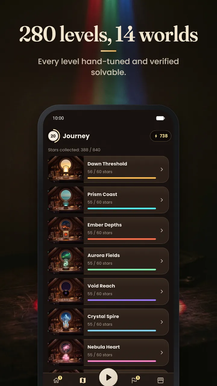 Reisebildschirm mit Welten wie Dawn Threshold, Prism Coast und Ember Depths und den gesammelten Sternen
