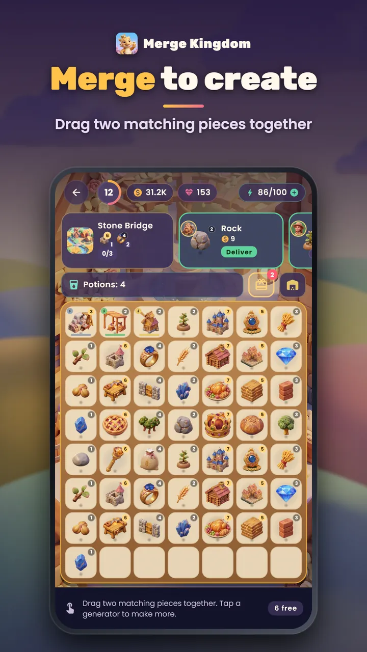 The merge board full of tiered pieces such as houses, rings, bread, timber and gems, with the Stone Bridge project and a Rock order above it